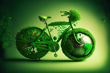 Canvas Print - Bright green decorated with plants and greenery bike for bicycling, generative ai, created with generative ai