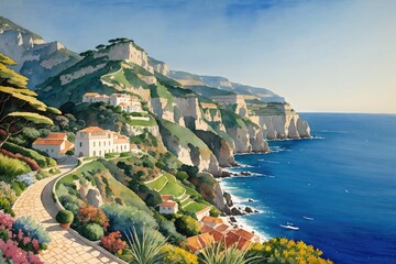 Watercolor painting of Italian seaside village house painting. landscape painting with building, house,roof,rock,cliff,blue water, and sunny day. generative ai