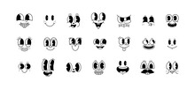 Funny Retro Cartoon Character Face Drawing Set On Isolated Background. Black And White Vintage Animation Art Style Bundle. Trendy 50s Mascot, Facial Expression Graphic, Mascot Gesture Sticker.