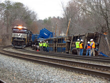 Ayer, Massachusetts/USA - 3/23/2023 - Norfolk Southern Locomotives Work To Put Together The Rest Of Train #265 After At Least 5 Well Cars Carrying Trash And Recyclables Derailed This Morning.