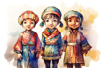 Group of children in ethnic traditional costumes. AI generative image