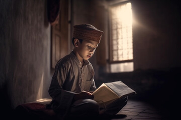 Young Children reading quran during ramadhan fasting month. Generative Ai