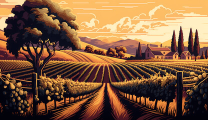 Vineyard Serenade: A Generative AI Vision of a Picturesque Vineyard Landscape with Elegant Rows of Grapevines.