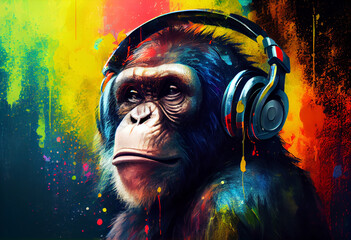 portrait of a party monkey ape with headphones on a colorful abstract background, generative ai