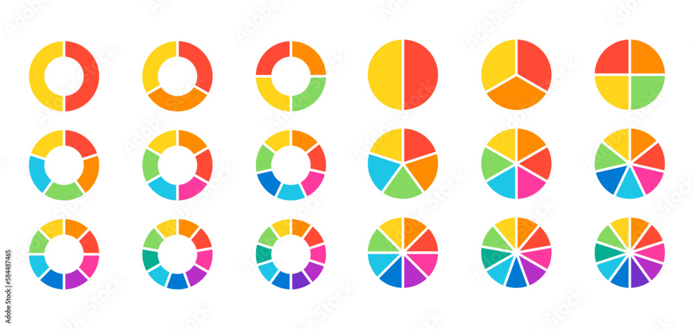 2-10 sections donut and pie chart infographic elements set. Clipart ...