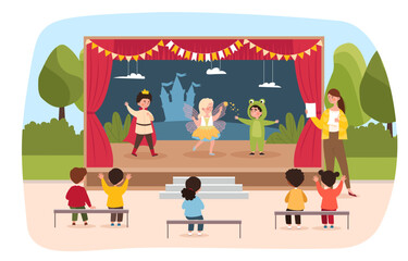 Wall Mural - Children theater concept. Boy dressed as prince, fairy girl and schoolboy frog. Children on stage of theater show fairy tale, perform in front of schoolmates. Cartoon flat vector illustration