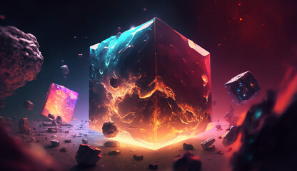 3d Mystical Colorful Cube Concept Art, Background - AI Generated