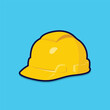 A yellow Construction helmet vector flat style illustration. Safety hard hat for labor. Plastic headwear icon on blue background.