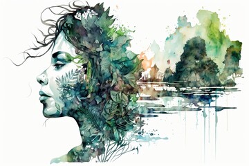 Double exposure junglepunk goddess face side view, moody tropical jungle, AI generative