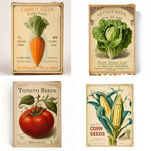 Vintage Corn, Carrot, Tomato, Lettuce Seed Packets