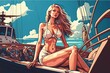 © Vasiliy Koval - Young Woman Exploring the Seas Aboard a Cartoon Ship. Generative Ai