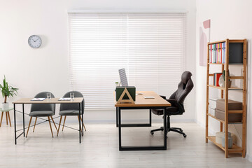 Poster - Director's office with large wooden table and comfortable armchairs. Interior design