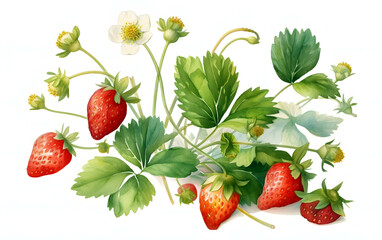 Hand drawn illustration of strawberry with branches, strawberry vines plant isolated on white background