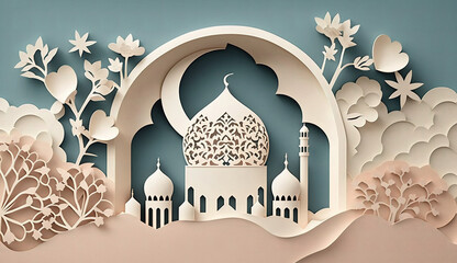 eid al fitr illustration from papercut art created with generative AI technology