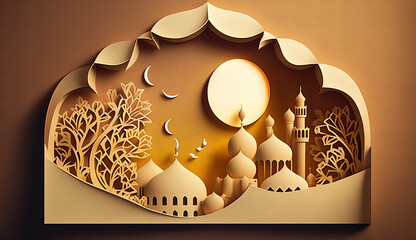 eid al fitr illustration from papercut art created with generative AI technology