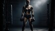 © Tuyres - Fullbody portrait of a fictional female MMA fighter standing in gym club. Boxer with gloves on a dark background. Generative AI illustration.