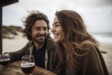 Image Of A Lovely Couple Seeing Horizon On A Beach Smiling Each Other Drinking Vine. Generative AI