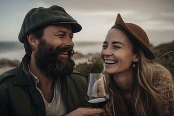 Wall Mural - image of a lovely couple seeing horizon on a beach smiling each other drinking vine. generative AI