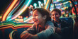 A boy and girl on a ride at the amusement park at night by generative AI