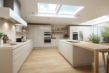 A Modern Kitchen With White Cabinets And An Open Skylight Above The Counter Area In The Room Is Light Wood Flooring. Generative AI
