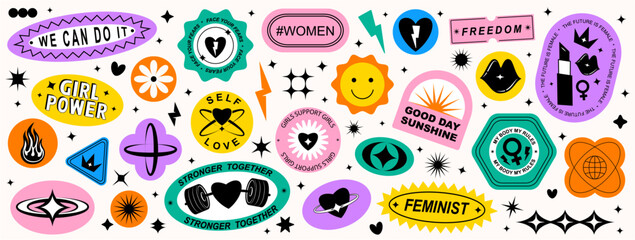 Set Collection of elements patches, labels, tags, stickers, and stamps. Self-love, girl power, female, feminist, girls support girls. Vector set, trendy	