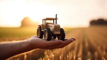 Farmer Holds A Toy Tractor On A Background Of A Wheat Field, Concept Of Protection, Care, Insurance