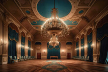 A Grand Ballroom With Soaring Ceilings, A Crystal Chandelier - Generative AI