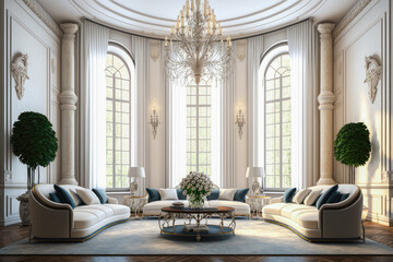 Wall Mural - A grand living room with floor-to-ceiling windows, plush velvet sofas, and a crystal chandelier, Opulent, extravagant, spacious, sophisticated - Generative AI