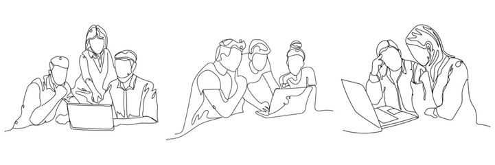 Set of drawn people with modern laptops on white background