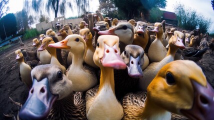 A group of ducks in a barn. generative ai