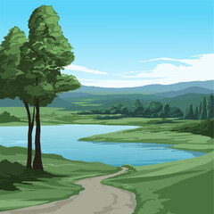 Wall Mural - Vector nature landscape with road, lake and mountain