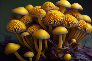 Wall Mural - Sulphur tuft or clustered woodlover (Hypholoma fasciculare) mushrooms. Generative Ai