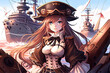 anime girl pirate on the background of the ship. Generative AI, Generative, AI