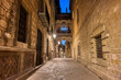 Small alley in the Gothic Quarter in Barcelona at night with the Pont del Bisbe