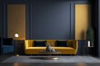 Living room or buisness hall lounge in deep dark colors. Reception of blue and yellow mustard. Empty wall blank navy background plaster stucco texture and ocher sofa. Golden accents