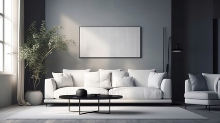 Wall Mural - white sofa with frames in contemporary living room full view. generative AI