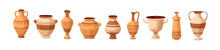 Old Pottery Set. Ancient Greek Vases, Antique Pots, Vintage Jugs, Clay Vessels, Urns. Crockery Designs, Ceramic Earthenware. Flat Cartoon Graphic Vector Illustrations Isolated On White Background