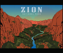 Zion National Park Vector Illustration, American Mountain Camping, Realistic Landscape Drawing, Mountain Tracking, Mountain Hiking, American  Travel Print For Poster, T Shirt, Clothing 