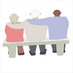 Abstract people sitting on a bench. Elderly people hugging each other, sitting with their backs. The concept of friendship and unity, outdoor recreation.