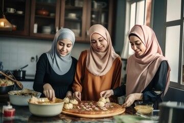 Wall Mural - beautiful smiling women wearing a hijab preparing traditional meal for ramadan, for iftar, for breaking fast,Generative AI