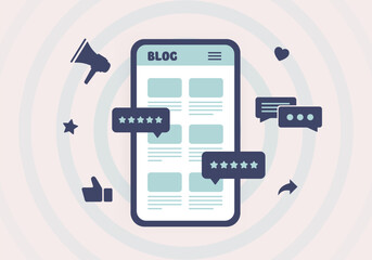 Wall Mural - blog marketing and social media management concept. smm manager posting commercial blog articles and