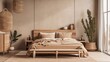 Scandinavian style bedroom mockup with natural wood furniture and a beige color scheme. generative AI