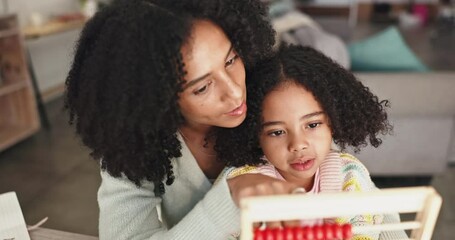 Poster - Family, mother and child learning on abacus for math, numbers and teaching in home development. Biracial mom or woman with kid for education support, helping and counting together with love and care