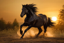Black Stallion Horse In Sunset Running Free With Mane Flowing. Generative AI.
