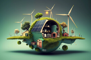 Green energy, sustainable industry. Environmental, Social, and Corporate Governance concept. City and garden, save the planet and energy concept. Earth day illustration. Generative AI 