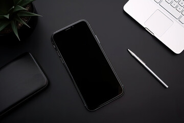 Dark office desk top view with smartphone white screen mockup, office accessories and copy space