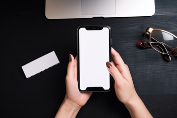 Top view. Female hand using mobile phone on his dark workspace table. simulate white phone screen