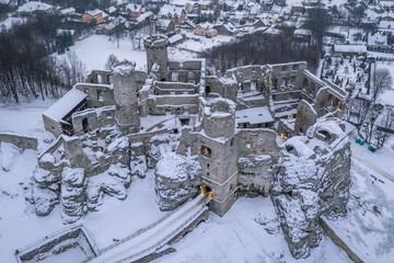 Poster - Drone view of Ogrodzieniec Castle in Polish Jura region, Poland