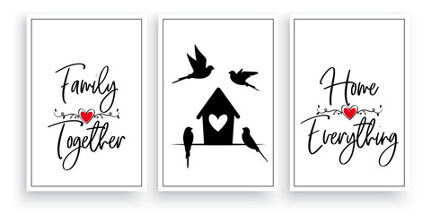 Wall Mural - Birds on branch and bird house, vector. Cute cartoon illustration. Birds silhouettes illustration isolated on white background. Wall art, artwork, wall decals.