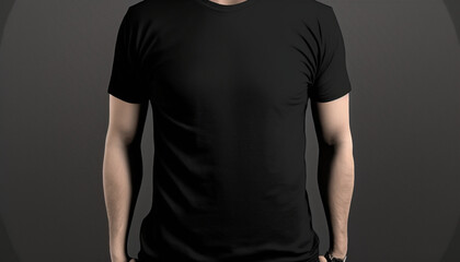 Wall Mural - isolated black t shirt mockup model, front view, man wearing black t shirt on gray background